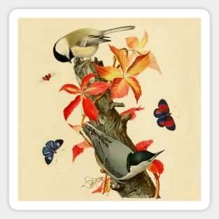 CHICKADEES ,BUTTERFLIES AND LADYBIRD ON A BRANCH WITH RED LEAVES Magnet